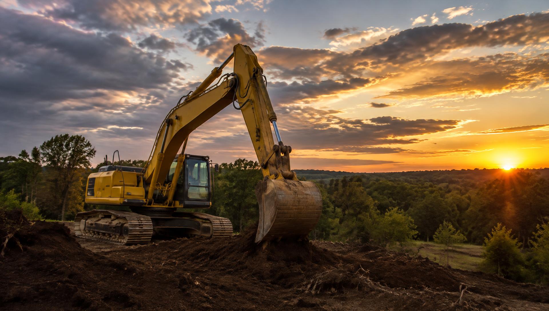 Excavator working on a cleared rural property